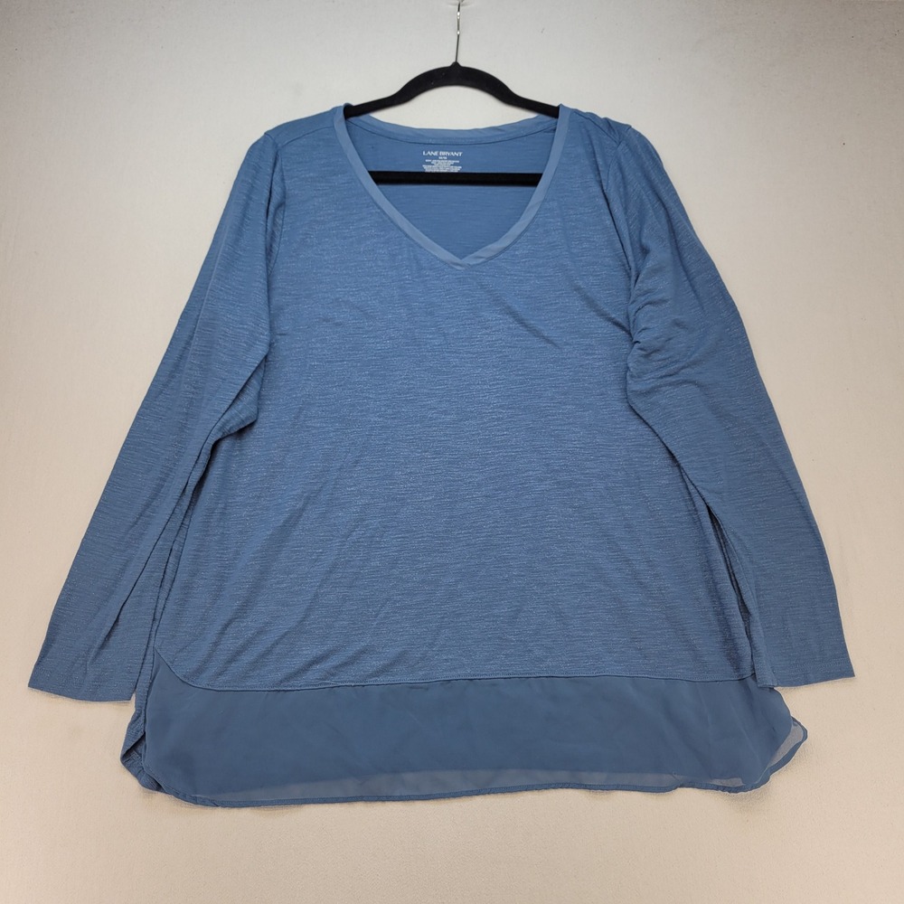 Lane Bryant V-Neck Top Womens 14/16 Blue Casual Chiffon Trim Slub Knit L10371